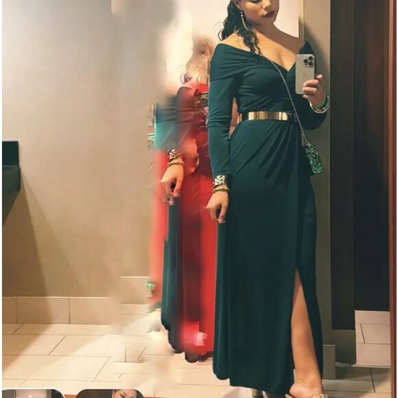 Zac Posen Green Off Shoulder Gown Size 10 Bodycon Slit Formal Flattering $600 - Picture 7 of 13